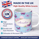 Personalized Custom Name Vibrant Pink Purple Butterflies Sky Blue Seamless Pattern Lovely 11oz Ceramic Coffee Tea Mug White Large Handle