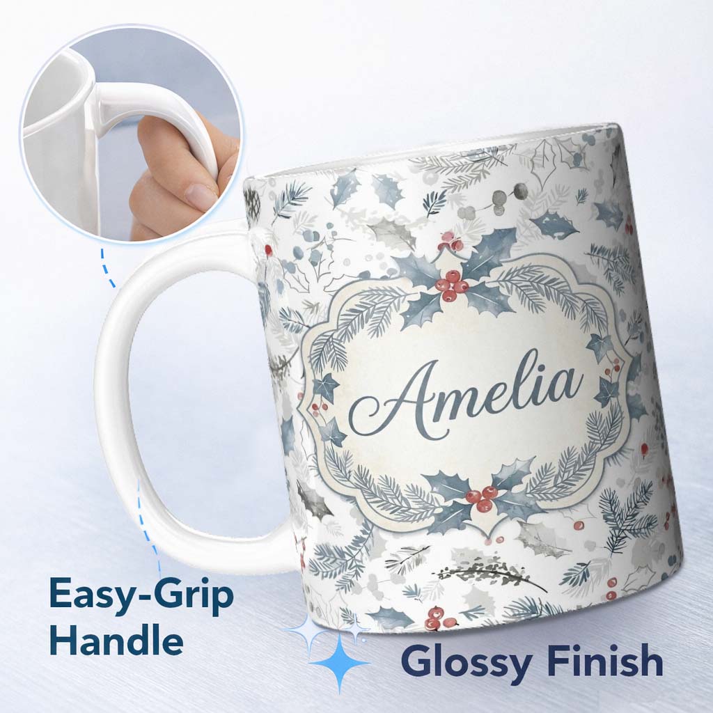 Personalized Custom Name Winter Botanical Leaves Pine Branch Blue Tones Seamless Pattern 11oz Ceramic Coffee Tea Mug White Large Handle