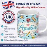 Personalized Custom Name Cute Kawaii School Cat Books Apple Clock Supplies Pattern Blue 11oz Ceramic Coffee Tea Mug White Large Handle