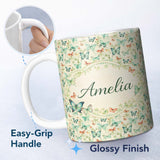 Personalized Custom Name Soft Pastel Butterflies with Botanical Leaves Seamless Pattern 11oz Ceramic Coffee Tea Mug White Large Handle