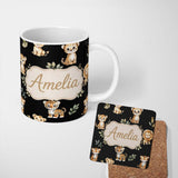 Personalized Custom Name Cute Baby Jungle Animals with Leaves on Cream Beige Background 11oz Ceramic Coffee Tea Mug White Large Handle