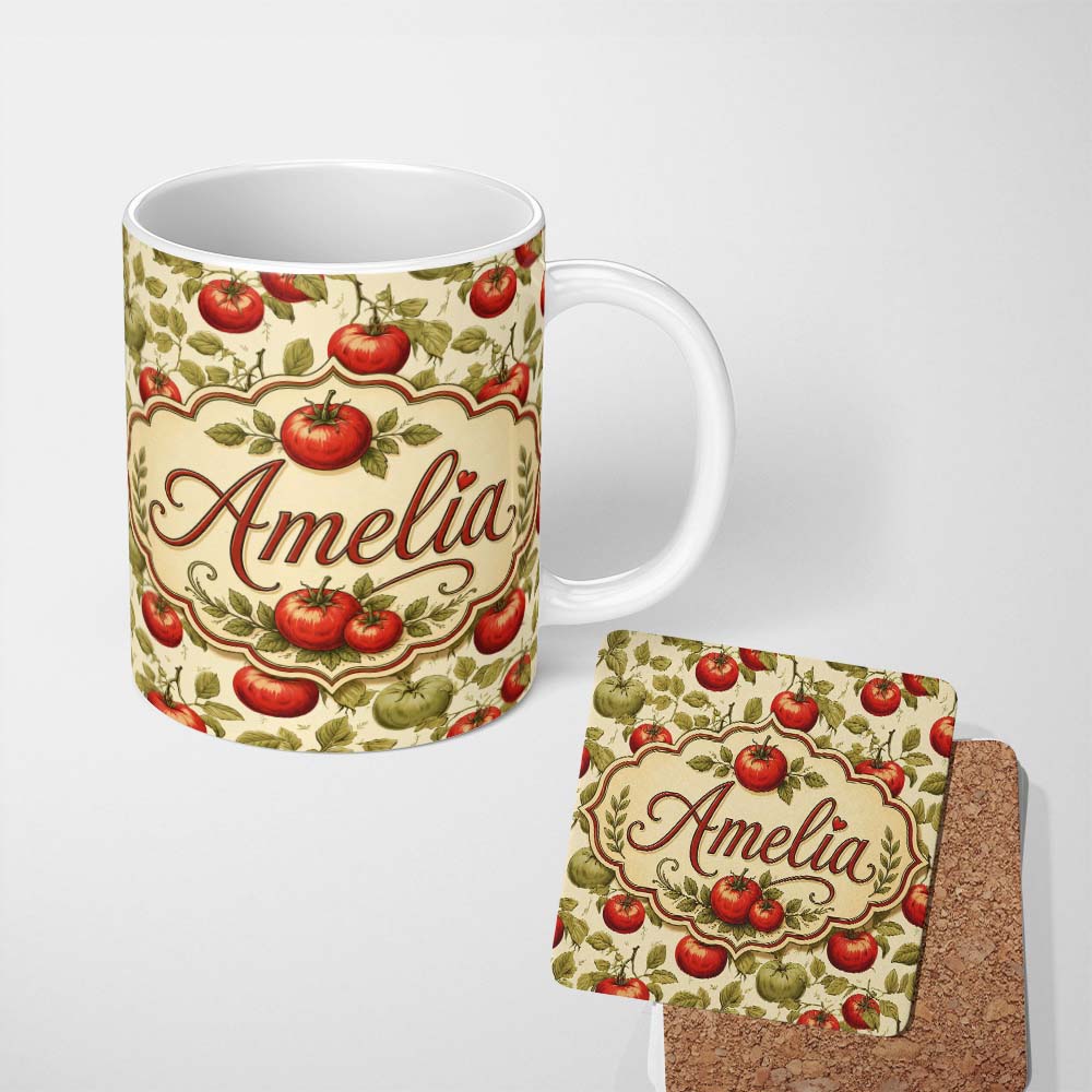 Personalized Custom Name Heirloom Red and Green Tomatoes Botanical Garden Seamless Pattern 11oz Ceramic Coffee Tea Mug White Large Handle