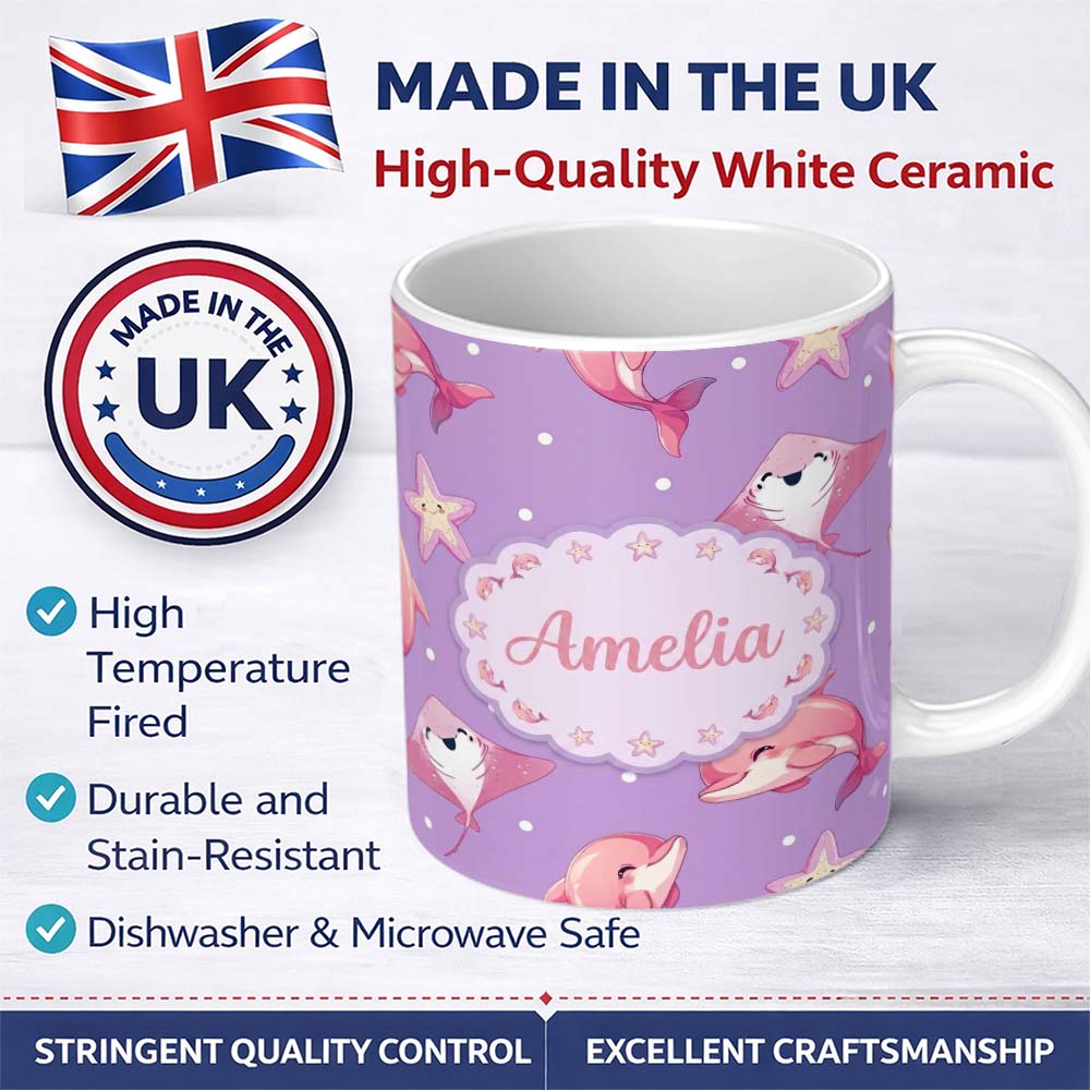 Personalized Custom Name Pink Dolphin Stingray Starfish Ocean Creatures Purple Polka Dot 11oz Ceramic Coffee Tea Mug White Large Handle