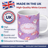 Personalized Custom Name Pink Dolphin Stingray Starfish Ocean Creatures Purple Polka Dot 11oz Ceramic Coffee Tea Mug White Large Handle