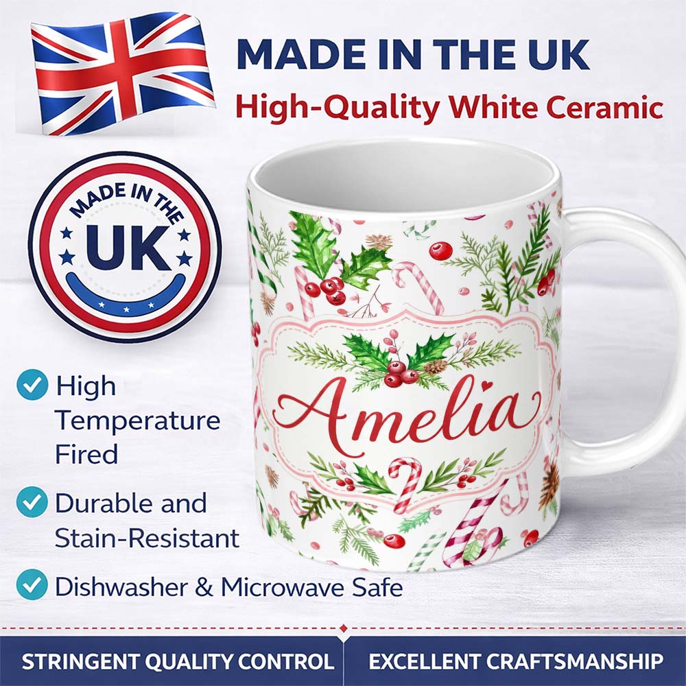 Personalized Custom Name Watercolor Candy Cane Holly Berry Pinecone Christmas Seamless Lovely 11oz Ceramic Coffee Tea Mug White Large Handle
