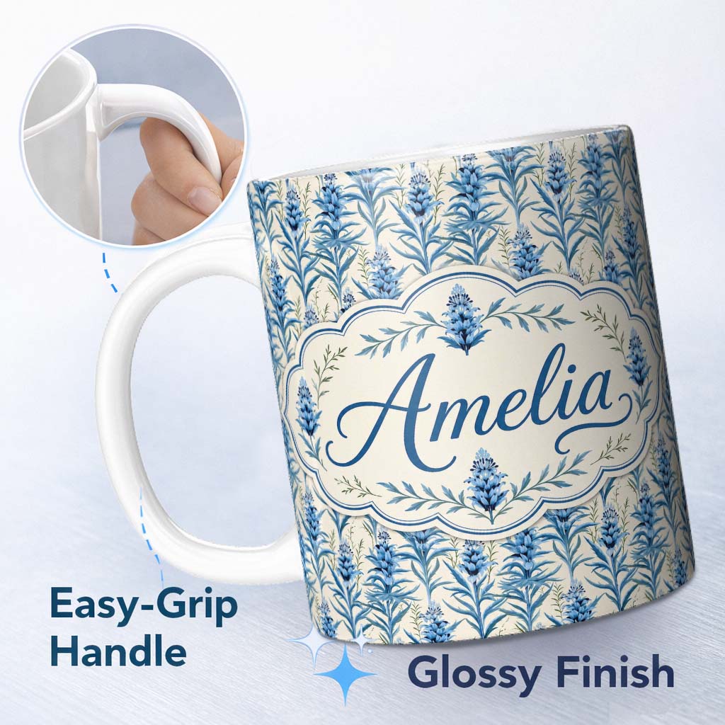 Personalized Custom Name Blue Botanical Vertical Floral Sprig Seamless Pattern Lovely 11oz Ceramic Coffee Tea Mug White Large Handle