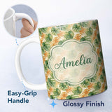 Personalized Custom Name Green and Warm Orange Tropical Monstera Leaves Seamless Pattern 11oz Ceramic Coffee Tea Mug White Large Handle