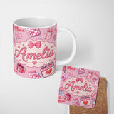 Personalized Custom Name Cute Kawaii Valentine Love Hearts Syringe Gift Calendar Blush Pink 11oz Ceramic Coffee Tea Mug White Large Handle