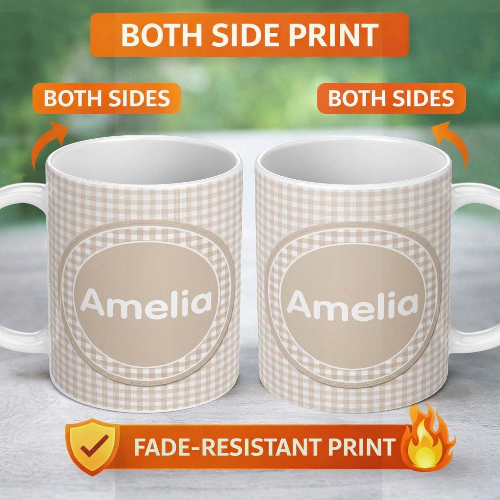 Personalized Custom Name Soft Beige Gingham Check Classic Seamless Pattern Cute Unique Gift 11oz Ceramic Coffee Tea Mug White Large Handle