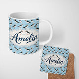Personalized Custom Name Minimal Puffin Bird Pattern Clean Blue Background Seamless Design 11oz Ceramic Coffee Tea Mug White Large Handle