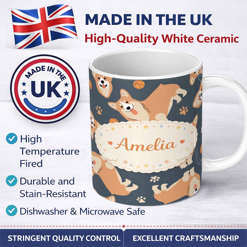 Personalized Custom Name Playful Corgi Dogs Basketball Seamless Pattern Stylish Everyday Mug 11oz Ceramic Coffee Tea Mug White Large Handle