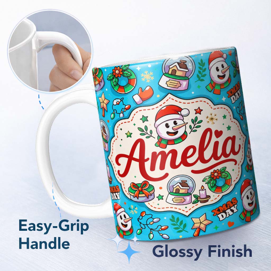 Personalized Custom Name Cute Snowman Xmas Day Wreath Gifts Festive Seamless Pattern Lovely 11oz Ceramic Coffee Tea Mug White Large Handle