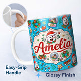 Personalized Custom Name Cute Snowman Xmas Day Wreath Gifts Festive Seamless Pattern Lovely 11oz Ceramic Coffee Tea Mug White Large Handle