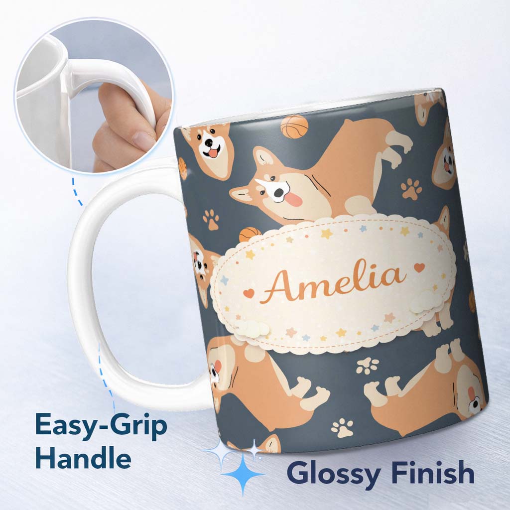 Personalized Custom Name Playful Corgi Dogs Basketball Seamless Pattern Stylish Everyday Mug 11oz Ceramic Coffee Tea Mug White Large Handle