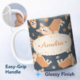 Personalized Custom Name Playful Corgi Dogs Basketball Seamless Pattern Stylish Everyday Mug 11oz Ceramic Coffee Tea Mug White Large Handle