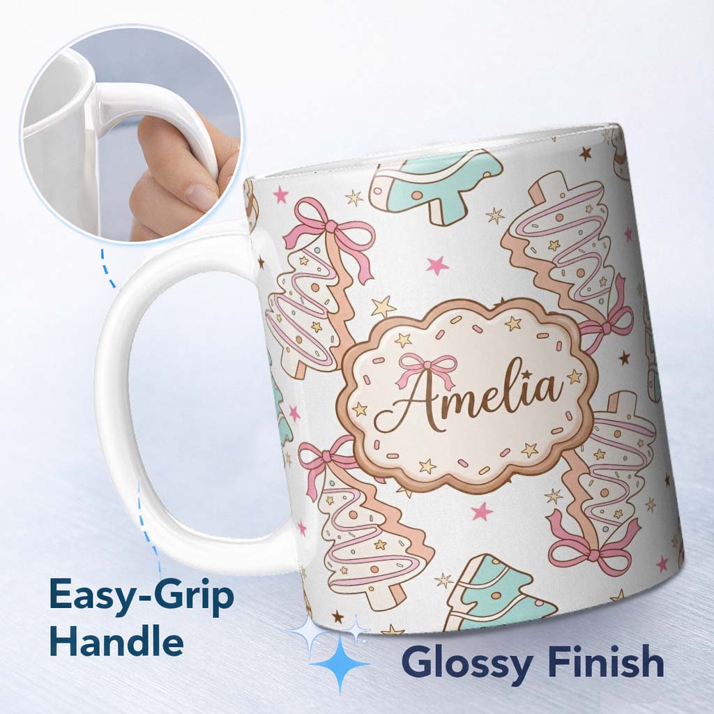 Personalized Custom Name Cute Christmas Tree Cookies with Icing and Bows Sweet Festive Lovely 11oz Ceramic Coffee Tea Mug White Large Handle