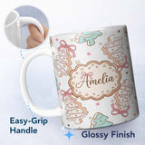 Personalized Custom Name Cute Christmas Tree Cookies with Icing and Bows Sweet Festive Lovely 11oz Ceramic Coffee Tea Mug White Large Handle