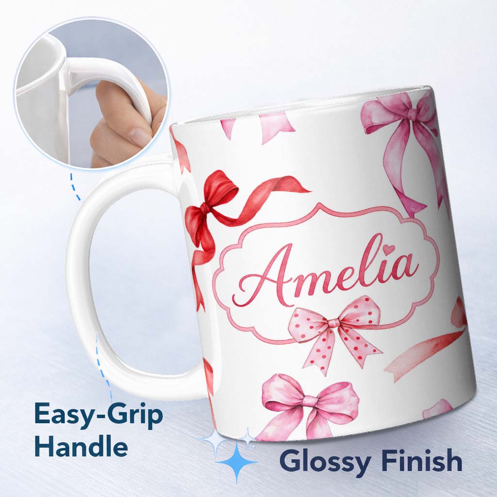Personalized Custom Name Watercolor Ribbon Bow Seamless Pattern on Light Grey Background 11oz Ceramic Coffee Tea Mug White Large Handle