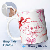 Personalized Custom Name Watercolor Ribbon Bow Seamless Pattern on Light Grey Background 11oz Ceramic Coffee Tea Mug White Large Handle