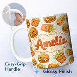 Personalized Custom Name Kawaii Burger Fries Hotdog Fast Food Light Cream Seamless Pattern 11oz Ceramic Coffee Tea Mug White Large Handle