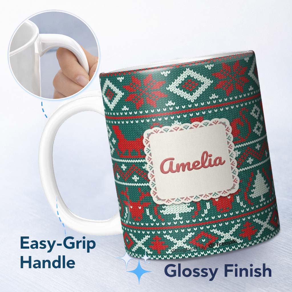 Personalized Custom Name Scandinavian Reindeer Snowflake Knit Pattern Green Background Lovely 11oz Ceramic Coffee Tea Mug White Large Handle