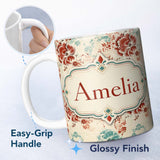 Personalized Custom Name Vintage Red Teal Floral Damask Seamless Pattern Perfect Gift for Her 11oz Ceramic Coffee Tea Mug White Large Handle