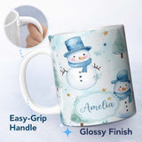 Personalized Custom Name Cute Snowman Winter Snowflake Blue Holiday Seamless Pattern Lovely 11oz Ceramic Coffee Tea Mug White Large Handle