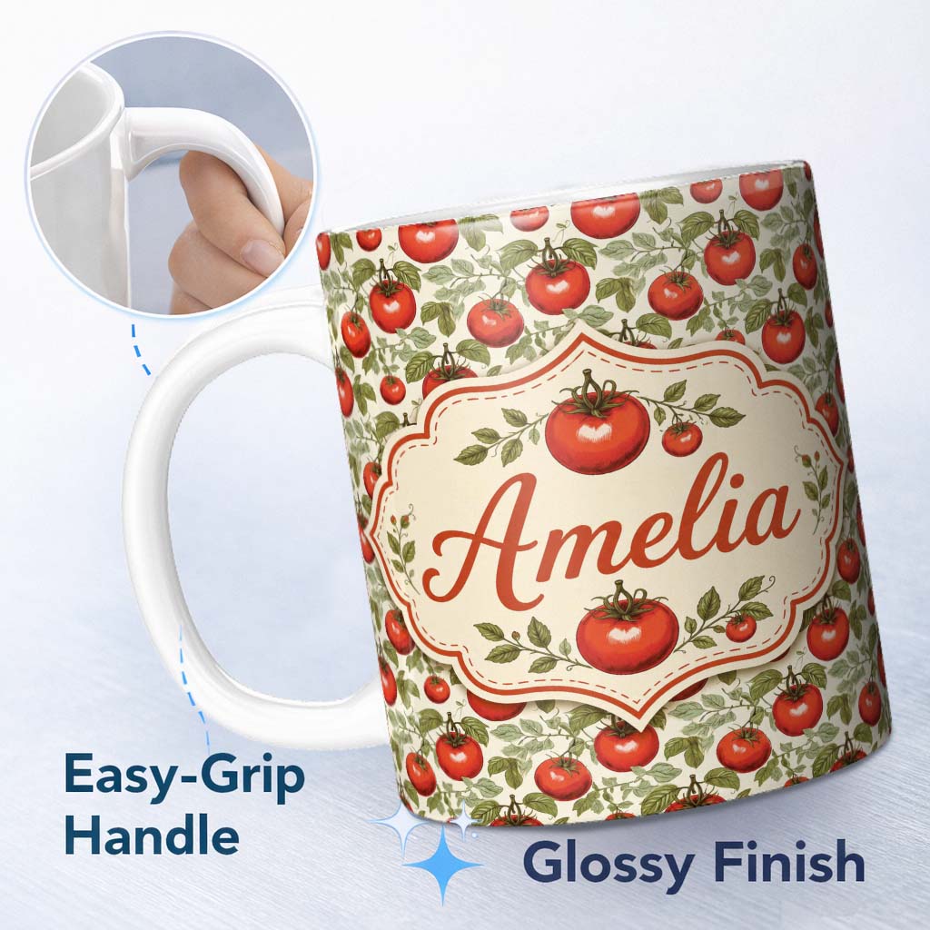 Personalized Custom Name Elegant Botanical Tomato Vine Illustration on Light Background 11oz Ceramic Coffee Tea Mug White Large Handle