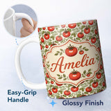 Personalized Custom Name Elegant Botanical Tomato Vine Illustration on Light Background 11oz Ceramic Coffee Tea Mug White Large Handle