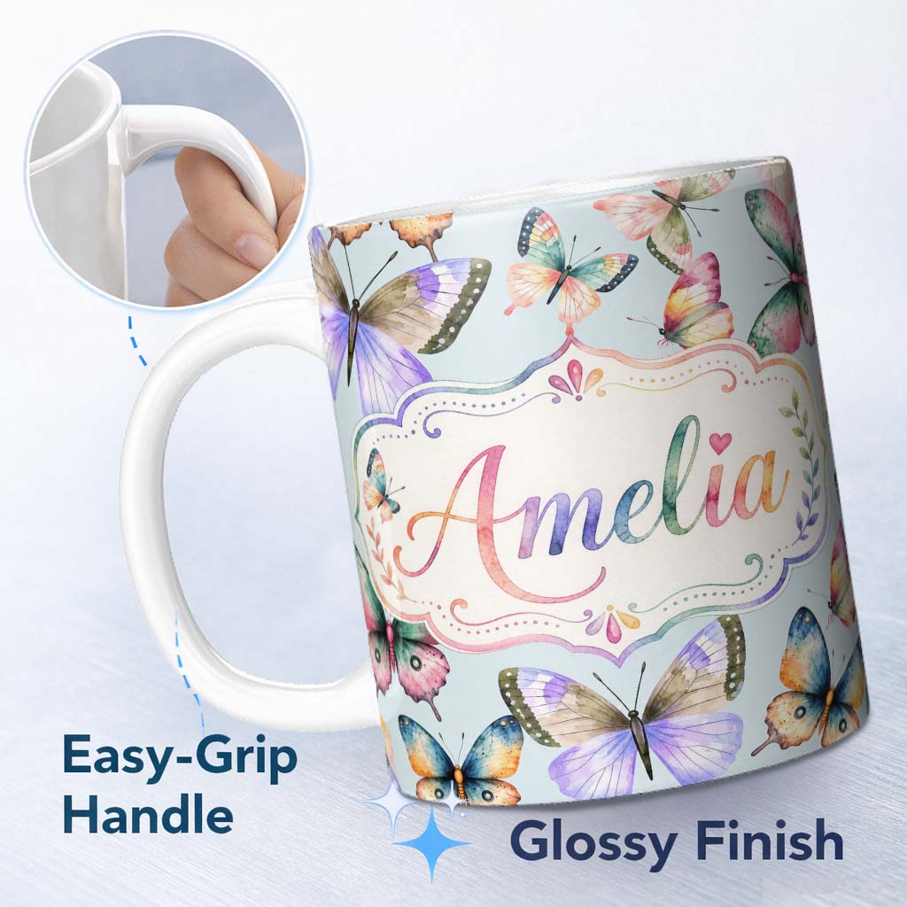 Personalized Custom Name Colorful Watercolor Butterflies on Sky Blue Background Seamless 11oz Ceramic Coffee Tea Mug White Large Handle
