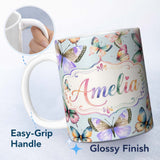 Personalized Custom Name Colorful Watercolor Butterflies on Sky Blue Background Seamless 11oz Ceramic Coffee Tea Mug White Large Handle