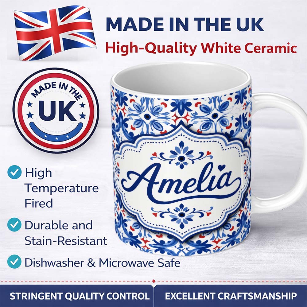 Personalized Custom Name Classic Blue Floral Portuguese Tile Pattern with Red Accents on 11oz Ceramic Coffee Tea Mug White Large Handle