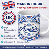 Personalized Custom Name Classic Blue Floral Portuguese Tile Pattern with Red Accents on 11oz Ceramic Coffee Tea Mug White Large Handle