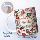 Personalized Custom Name Christmas Stockings Gifts Candy Snowflake Seamless Pattern Lovely 11oz Ceramic Coffee Tea Mug White Large Handle