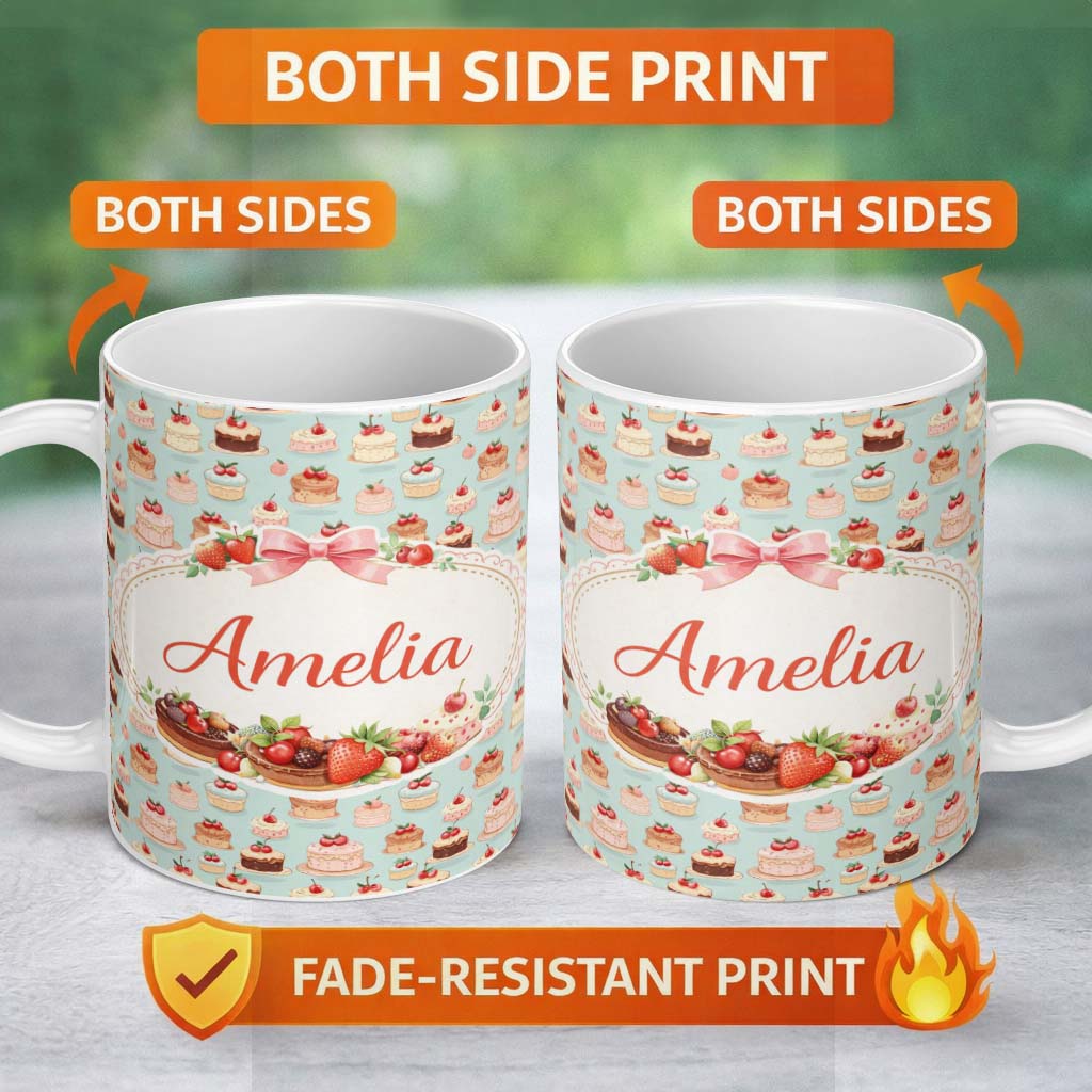 Personalized Custom Name Vintage Cake Slice Seamless Pattern Dessert Food Illustration Design 11oz Ceramic Coffee Tea Mug White Large Handle
