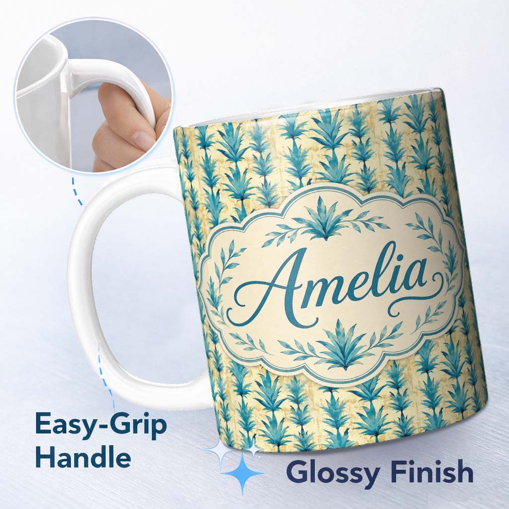 Personalized Custom Name Teal Tropical Leaf Vintage Texture Seamless Pattern Cute Unique Gift 11oz Ceramic Coffee Tea Mug White Large Handle