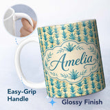 Personalized Custom Name Teal Tropical Leaf Vintage Texture Seamless Pattern Cute Unique Gift 11oz Ceramic Coffee Tea Mug White Large Handle