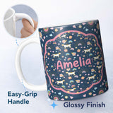Personalized Custom Name Boho Dog Floral Rainbow Navy Background Seamless Pattern Lovely 11oz Ceramic Coffee Tea Mug White Large Handle