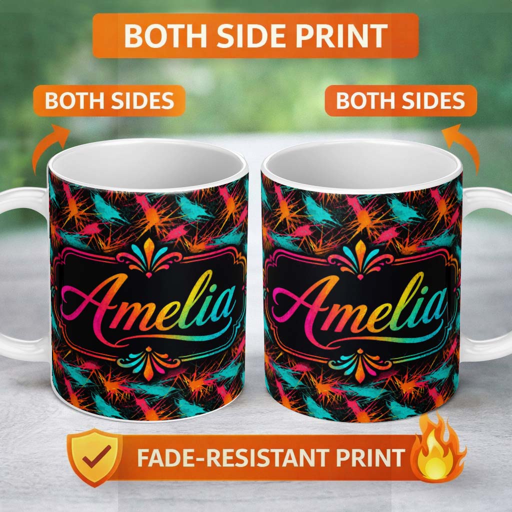 Personalized Custom Name Abstract Paint Splatter Burst Neon Seamless Pattern Cute Unique Gift 11oz Ceramic Coffee Tea Mug White Large Handle