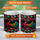 Personalized Custom Name Abstract Paint Splatter Burst Neon Seamless Pattern Cute Unique Gift 11oz Ceramic Coffee Tea Mug White Large Handle