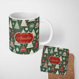 Personalized Custom Name Nordic Holiday Trees with Ornaments Snowflakes and Red Green Decor 11oz Ceramic Coffee Tea Mug White Large Handle