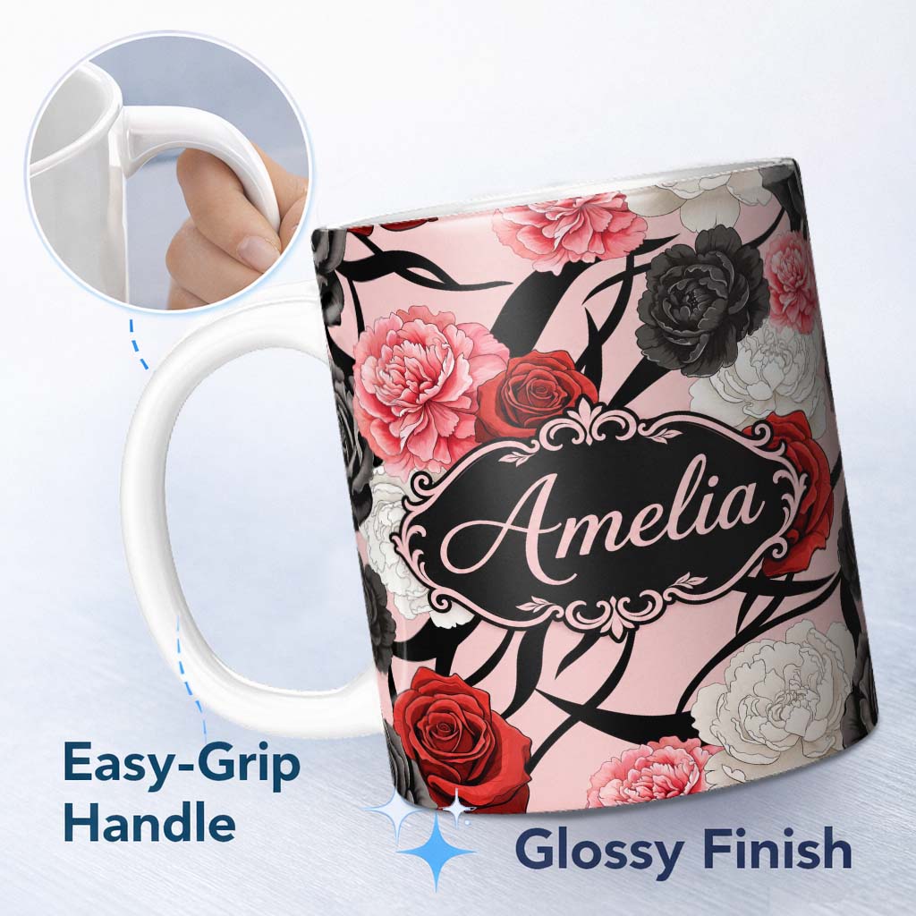 Personalized Custom Name Elegant Rose Floral with Black Red and White Flowers on Blush Pink 11oz Ceramic Coffee Tea Mug White Large Handle