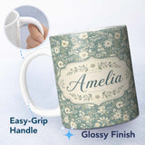 Personalized Custom Name Delicate Cream Floral Garden Pattern on Dusty Blue Background Lovely 11oz Ceramic Coffee Tea Mug White Large Handle