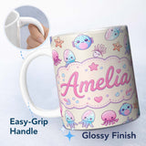 Personalized Custom Name Kawaii Jellyfish Starfish and Sea Creatures Pastel Beige Background 11oz Ceramic Coffee Tea Mug White Large Handle