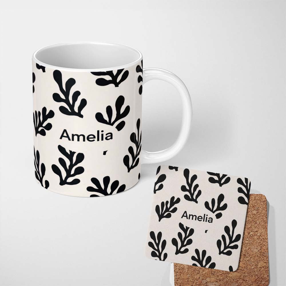 Personalized Custom Name Topographic Contour Lines Black Cream Abstract Landscape Pattern 11oz Ceramic Coffee Tea Mug White Large Handle