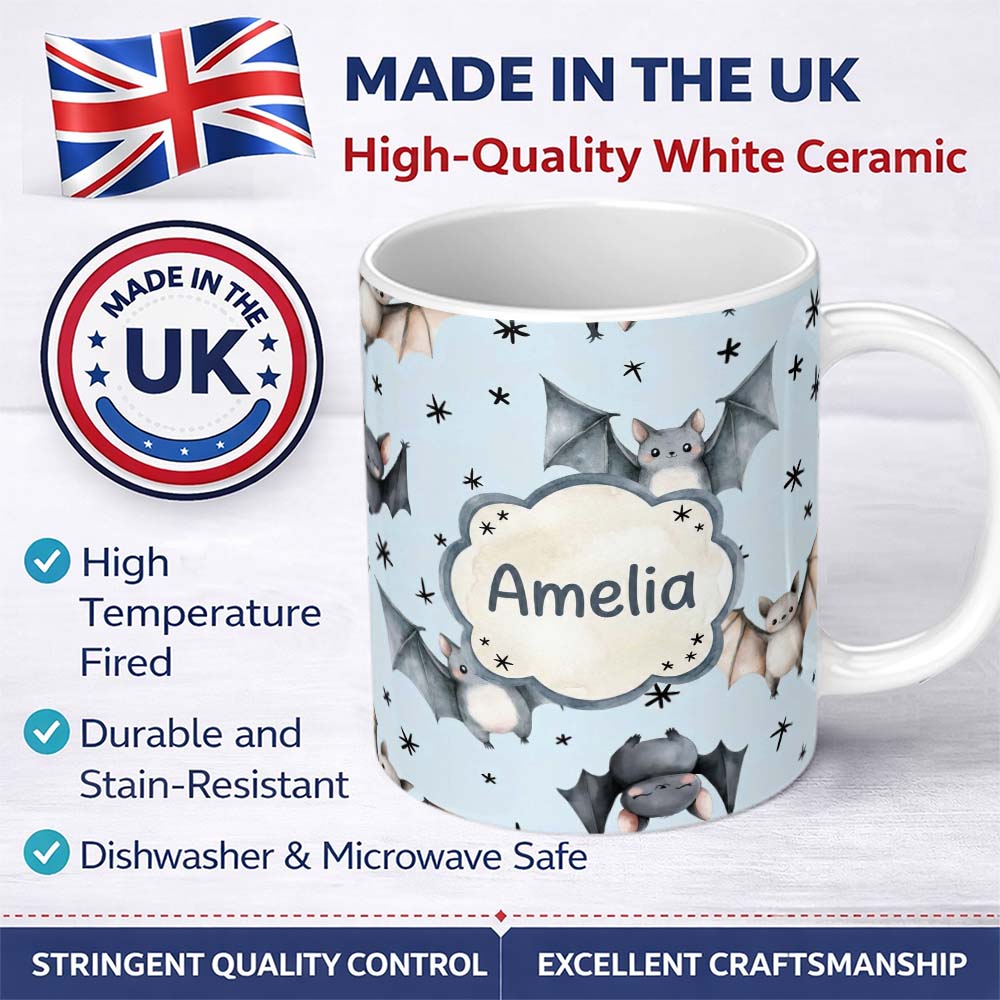 Personalized Custom Name Cute Baby Bats with Stars Night Sky Blue Background Seamless 11oz Ceramic Coffee Tea Mug White Large Handle