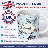 Personalized Custom Name Cute Baby Bats with Stars Night Sky Blue Background Seamless 11oz Ceramic Coffee Tea Mug White Large Handle