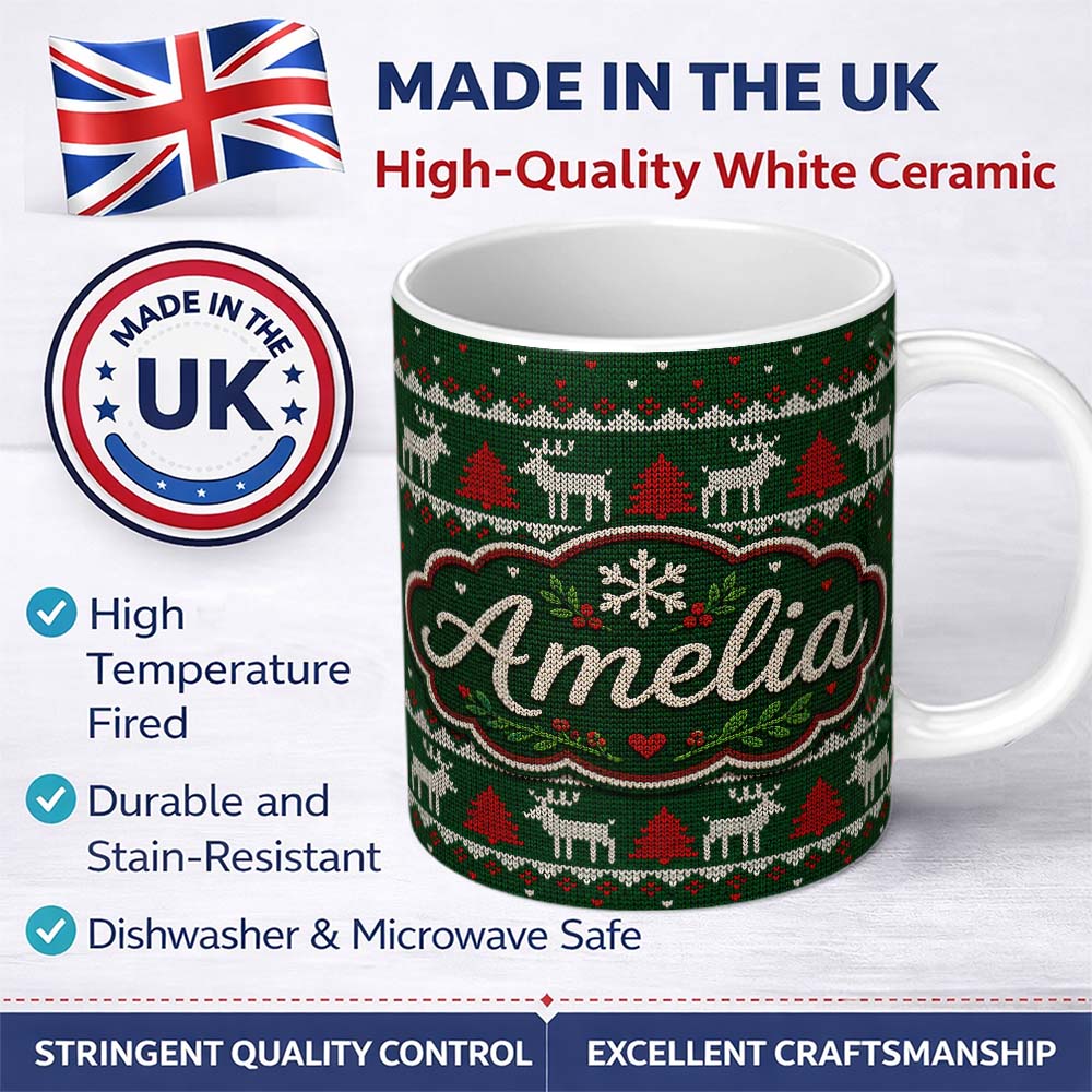 Personalized Custom Name Scandinavian Reindeer Mountain Knit Pattern Green Red White Lovely 11oz Ceramic Coffee Tea Mug White Large Handle