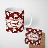 Personalized Custom Name Santa Face Red Snow Background Christmas Seamless Pattern Lovely 11oz Ceramic Coffee Tea Mug White Large Handle