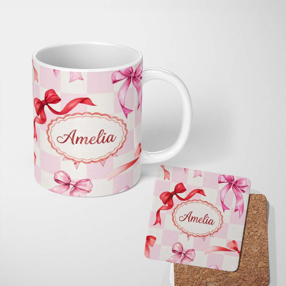 Personalized Custom Name Watercolor Red and Pink Ribbon Bow Pink Gingham Check Background 11oz Ceramic Coffee Tea Mug White Large Handle